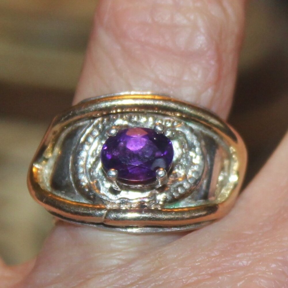OOAK 14K Gold 925 Sterling Genuine Amethyst Stone Band Statement Ring 12 Grams!